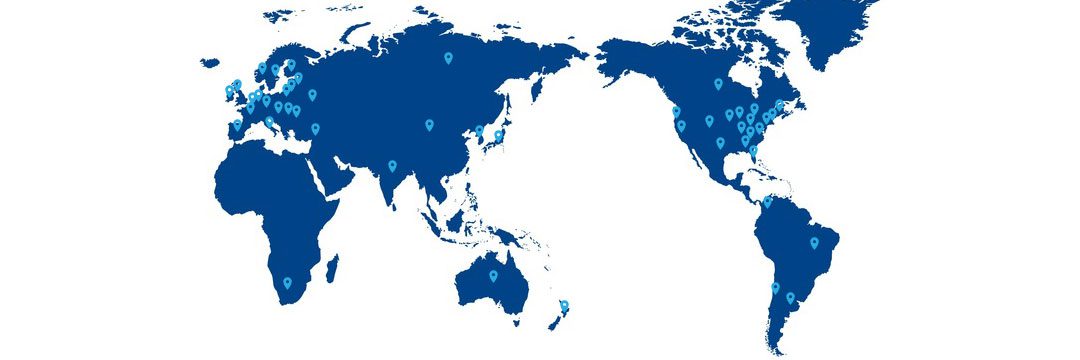 Map of Poly Electronics Global Reach Map of Globe showing points where customers are located