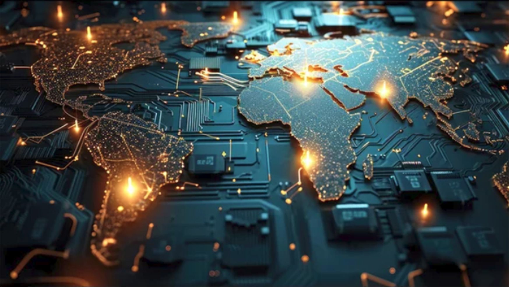 Global Network for Electronics Map of globe imposed over circuitry